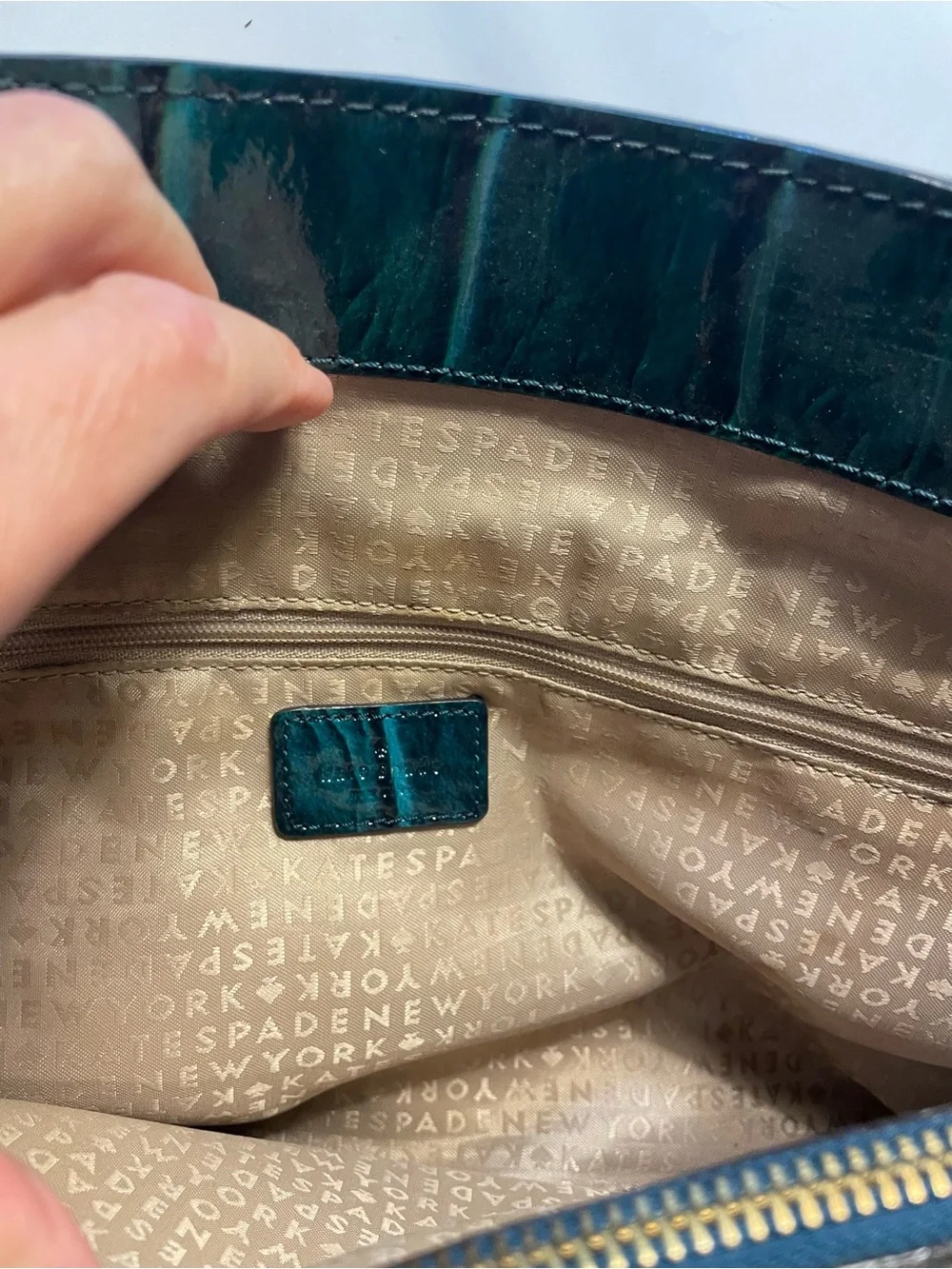 Kate Spade New York Elena Knightsbridge Dark Teal Croc Patent Tote Bag with Bow